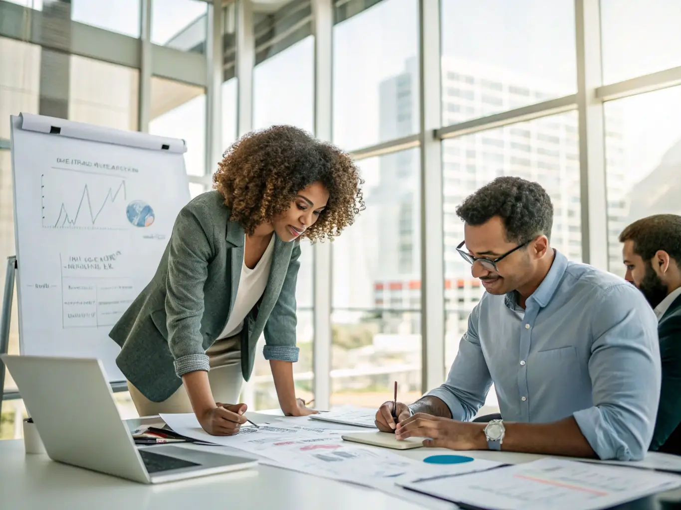 An image of a diverse team of consultants collaborating around a table in a modern office, reviewing financial documents and discussing business strategies.
