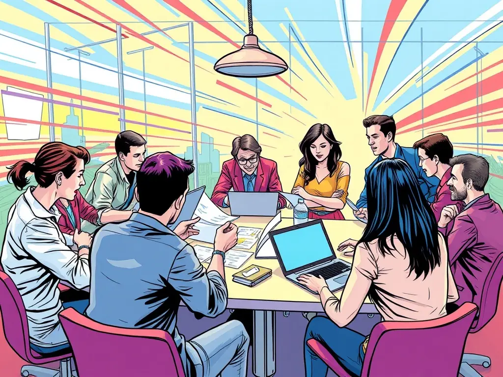 A team of consultants collaborating on a project, using laptops and discussing strategies in a modern office setting.